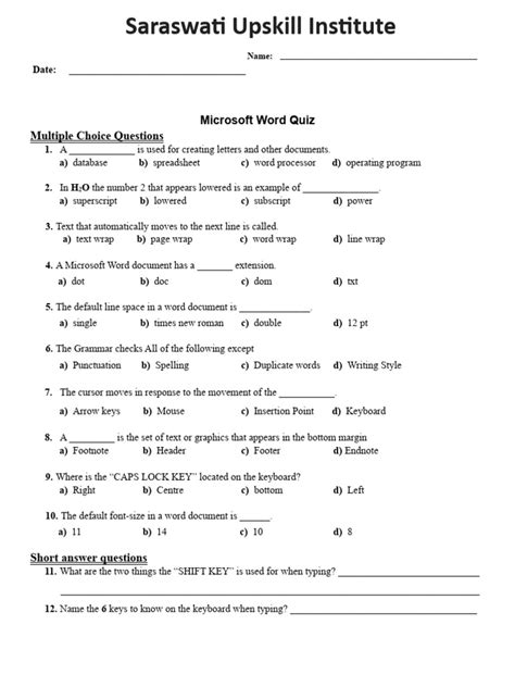 1 Ms Word Quiz Pdf Pdf Computer Keyboard Microsoft Word