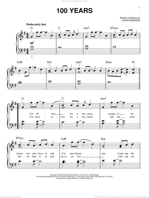 100 Years By Five For Fighting Easy Piano Digital Sheet Music