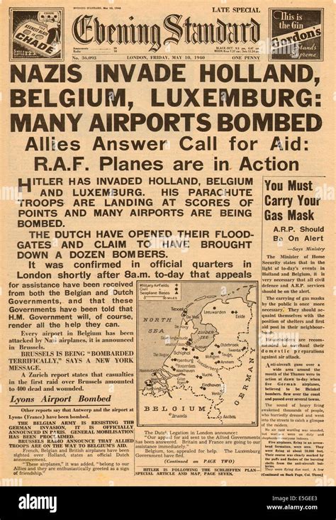 1940 Evening Standard Front Page Reporting The German Invasion Of