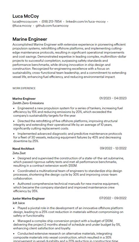 2025 Marine Engineer Resume Example Free Template
