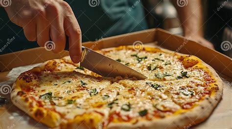A Chef Cutting A Pizza With A Knife And A Pizza Cutter Premium Ai