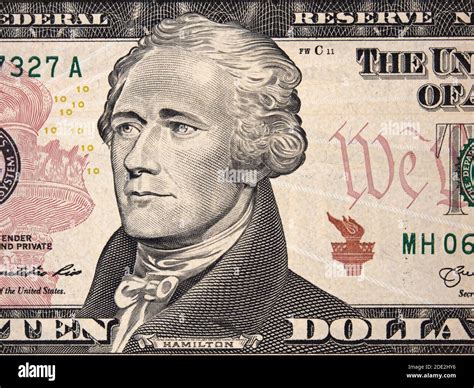 Alexander Hamilton Face Portrait On Us Ten Dollar Bill Close Up 10 Usd
