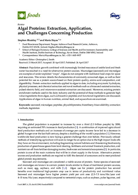 Algal Proteins Extraction Application And Challenges Concerning Production
