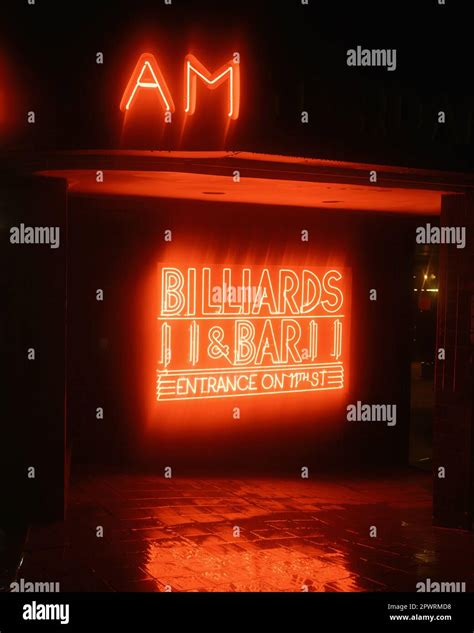 Amsterdam Billiards Neon Sign On A Rainy Night In The East Village