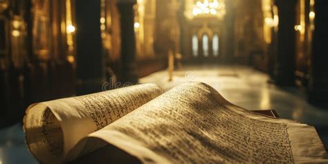 Ancient Hebrew Scroll Illuminated In Ornate Synagogue In Israel Stock