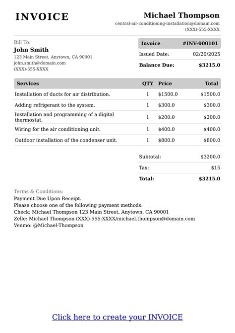 Aroundwire Free Central Air Conditioning Installation Invoice Template