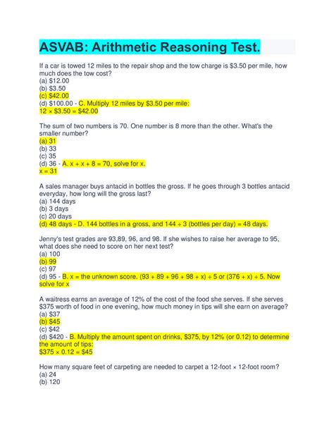 Asvab Arithmetic Reasoning All Correct Answers Browsegrades