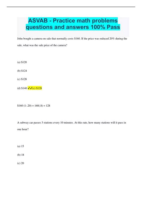 Asvab - Practice Math Problems Questions And Answers 100% Pass - Asvab ... Asvab - Practice Math Problems Questions And Answers 100% Pass - Asvab ...