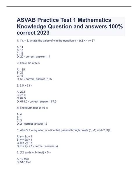 Asvab Practice Test 1 Mathematics Knowledge Question And Answers 100% ...