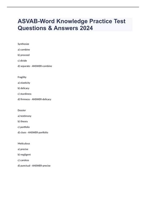 Asvab Practice Word Knowledge Sample Questions Dummies