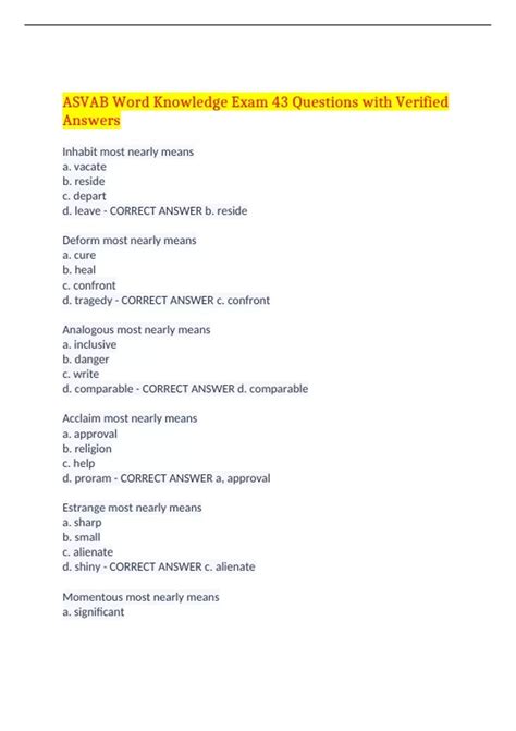 Asvab Word Knowledge Exam 43 Questions With Verified Answers,100% ...