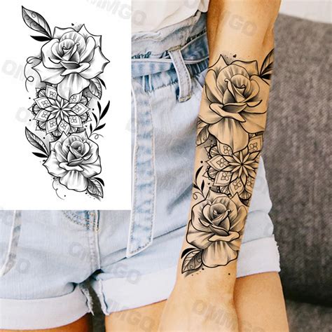 Black Rose Flower Mandala Forearm Temporary Tattoos For Women Adult