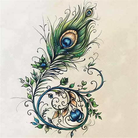Botanical Peacock Feather Tattoo Sketch With Greenery And Floral