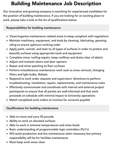 Building Maintenance Job Description Velvet Jobs