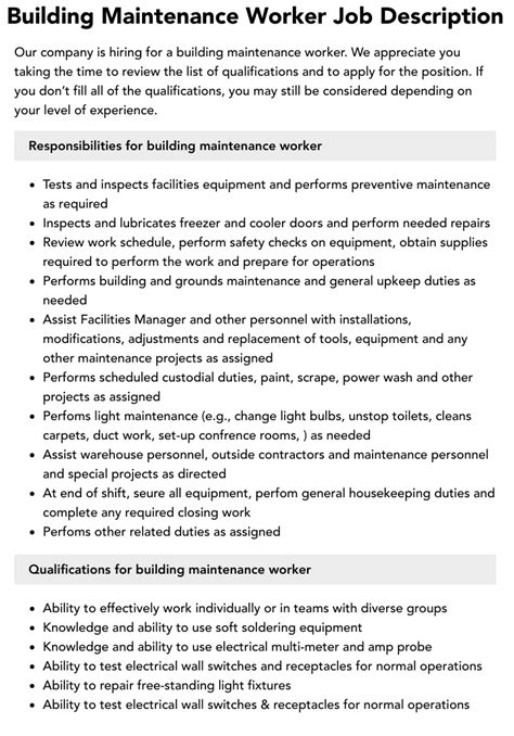 Building Maintenance Worker Job Description Velvet Jobs