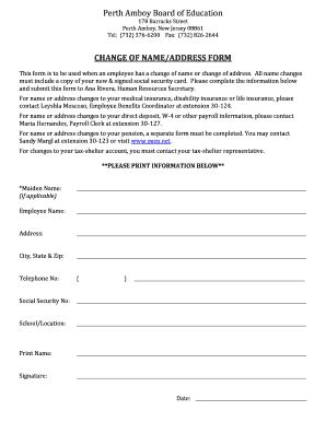 Change Of Address Or Name Form Perth Amboy Public Schools Fill And