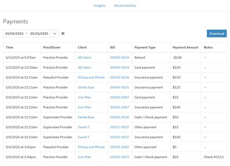 Client Insurance Payments Sessions Health