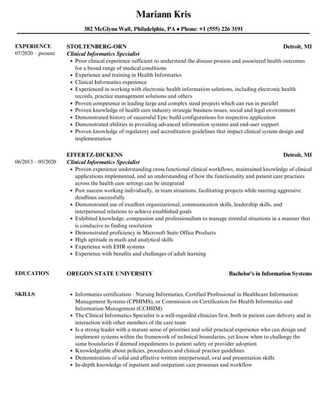 Clinical Informatics Resume Samples Velvet Jobs