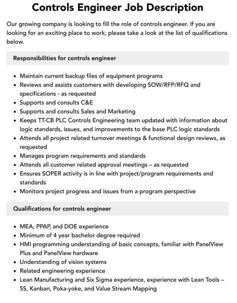 Controls Engineer Job Description Updated For 2025