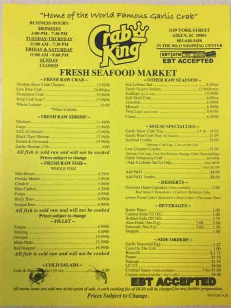 Crab King Menu In Aiken South Carolina Usa