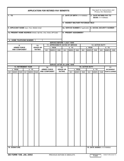Dd Form 108 Application For Retired Pay Benefits July 2002 Pdf