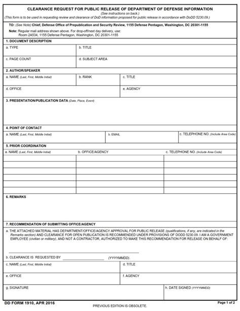 Dd Form 1910 Clearance Request For Public Release Of Department Of