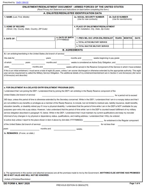 Dd Form 4 Enlistment Reenlistment Document Armed Forces Of