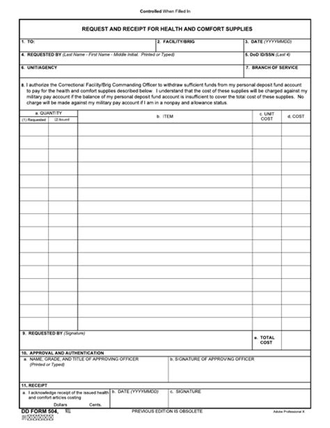 Dd Form 504 Request And Receipt For Health And Comfort Supplies Document Template