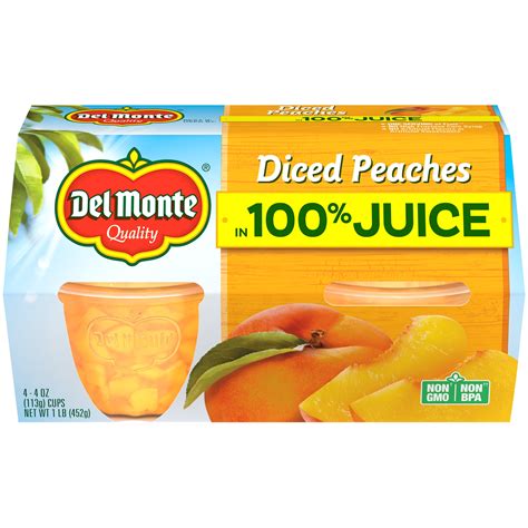 Del Monte Diced Peaches In 100% Juice Plastic Fruit Cup Snacks Same-Day ...