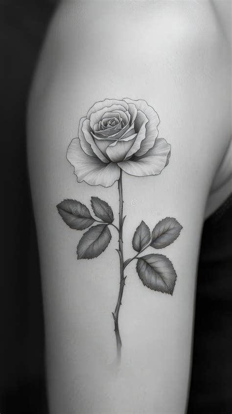 Detailed Black And White Rose Tattoo Design On Upper Arm Stock Image