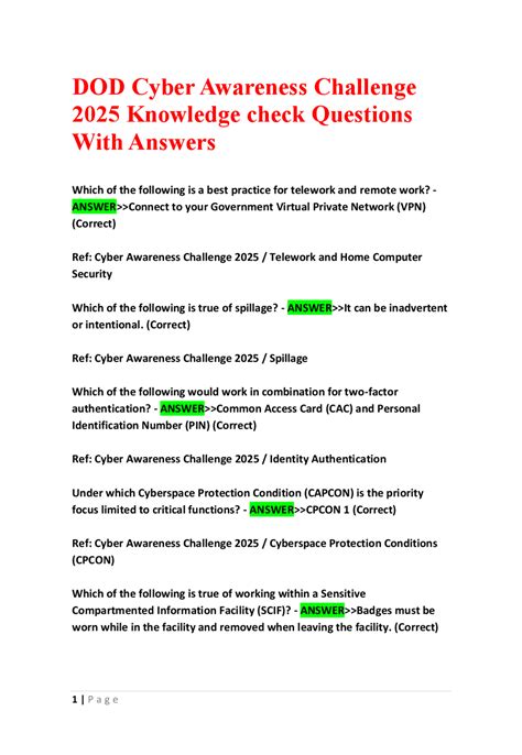 Dod Cyber Awareness Challenge 2025 Knowledge Check Questions With Answers Exams Nursing Docsity