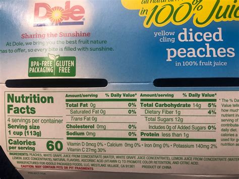 Dole Diced Peaches Fruit Cup Nutrition