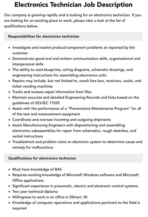 Electronics Technician Job Description Velvet Jobs