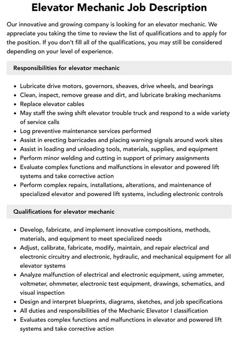 Elevator Mechanic Job Description Taptalent