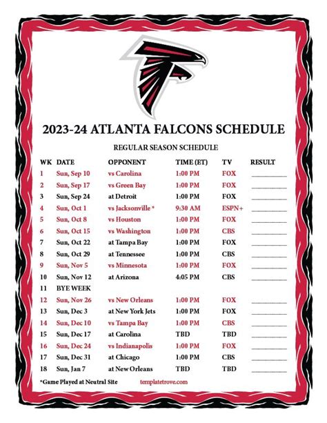 Falcons Nfl Team Schedules Printable