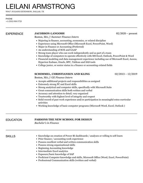 Finance Intern Resume Samples Velvet Jobs