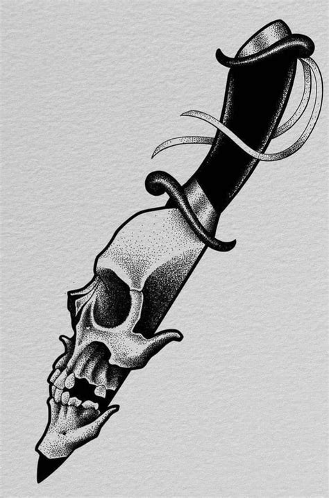 Floral Skull Tattoo With Knife Design