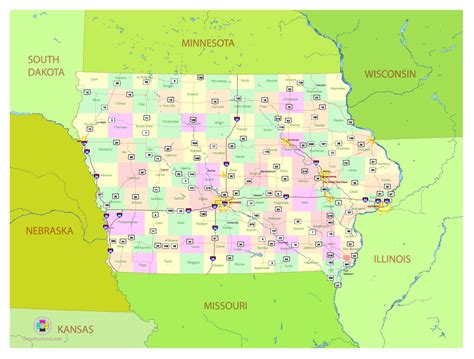 Free Vector Map Of The State Of Iowa Usa Main Roads With Numbers Colored Counties With Names Maps In Vector Detailed Street Maps Illustrator Pdf Coreldraw Eps Dwg Dxf