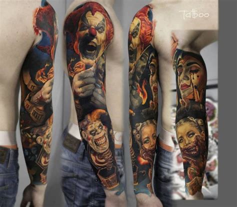 Grey Ink Smiling Evil Clown Face Tattoo On Men Sleeve Truetattoos