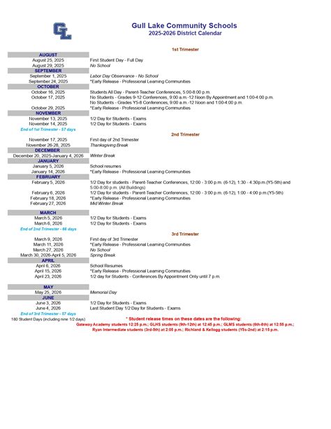 Gull Lake Community Schools Mi Calendar 25 26 Revised Pdf Educounty