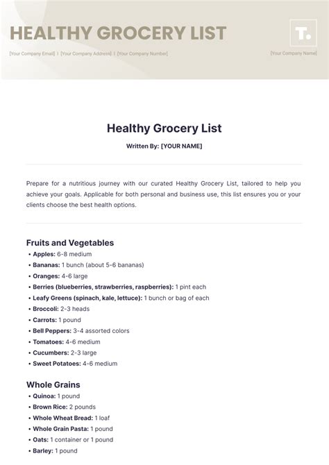 Healthy Grocery List Template Healthy Grocery List Template