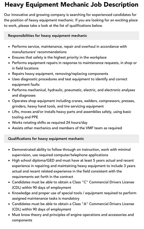 Heavy Equipment Mechanic Description