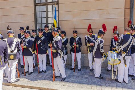 Historical Reenactment Group In Traditional Swedish Military Uniforms
