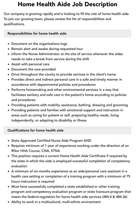Home Health Care Job Description