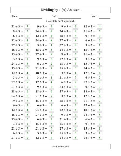 Horizontally Arranged Dividing By 3 With Quotients 1 To 9 100 Questions A Horizontally Arranged Dividing By 3 With Quotients 1 To 9 100 Questions A
