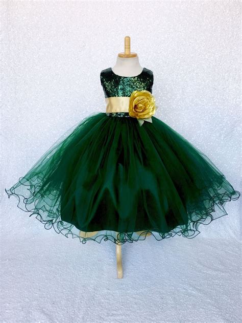 Hunter Green Sequin Tulle Dress Gold Bow Flower Girl Etsy
