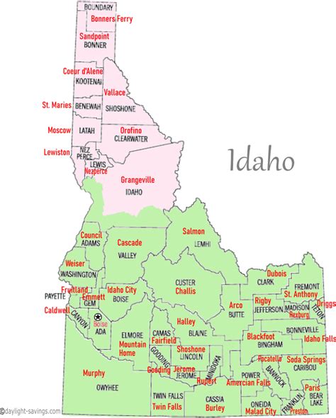 Idaho Time Zone Map Idaho Time Zones By County And County Seats