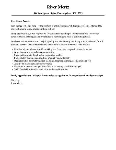 Intelligence Analyst Cover Letter Velvet Jobs