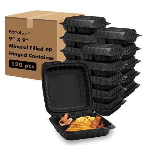Karat Earth 120Pcs 9X9 3 Compartment Mineral Filled Pp Hinged Container Black
