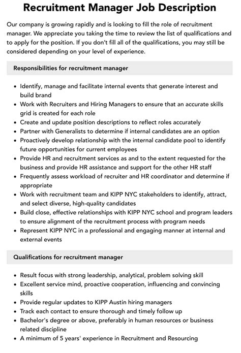 Kostenloses Recruiting Manager Job Description